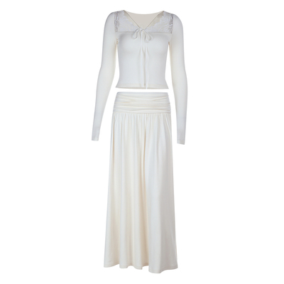 大方领蕾丝拼接上衣半身裙套装