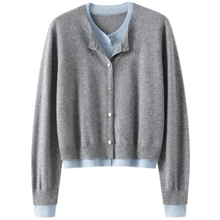 穿出高定气场！假两件100%纯山羊绒开衫女圆领纯羊绒毛衣拼色秋冬