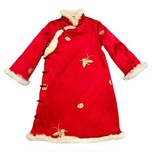 新中式女宝儿童旗袍裙红色中国女童拜年加棉民国风服装过年服国风