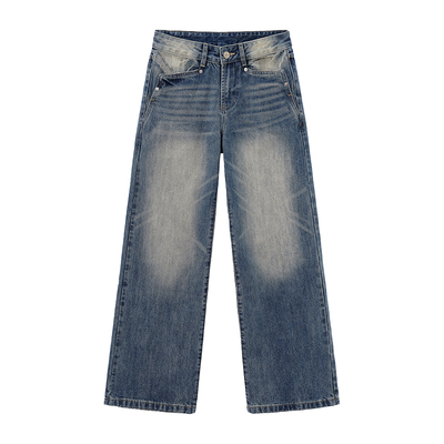CUBIC复古水洗猫须阔版牛仔裤