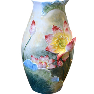 陶瓷中式荷叶荷花花瓶可装水养鲜花新古典江南水乡装饰摆件赠外宾