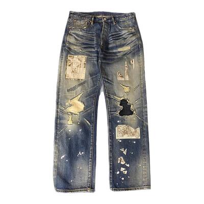 wirote威络LVC报纸牛王烫印补丁泼墨复古宽松直筒赤耳牛仔长裤男