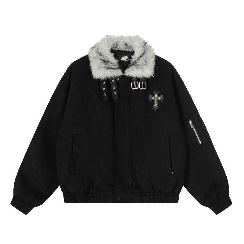 美拉德咖色十字架加绒加厚棉服男