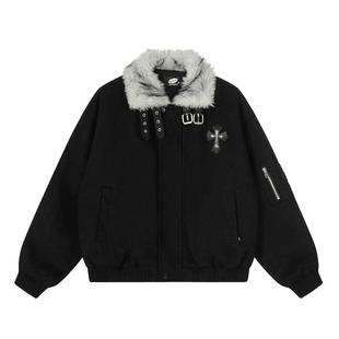 美拉德咖色十字架加绒加厚棉服男冬季座山雕毛领加厚保暖棉衣外套