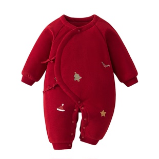 新生婴儿保暖和尚服宝宝连体衣夹棉冬季满月哈衣加厚红色拜新过年