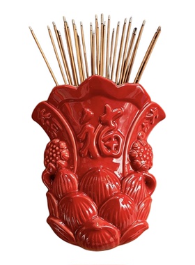红色陶瓷招财福袋莲花挂墙香炉