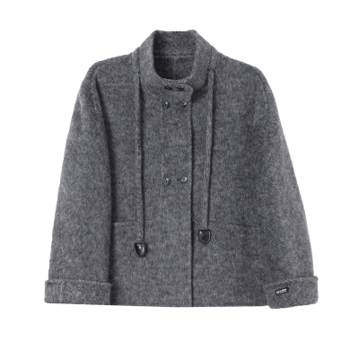 灰色短款小个子双面呢羊绒大衣女
