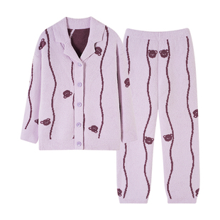 少女翻领开衫半边绒冬天家居服套装卡通简约暖和不易起球抗静电