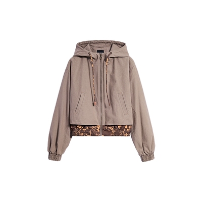 Desigual25秋冬新品花卉印花拼接假两件下摆连帽女士外套