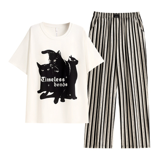 悦内带胸垫一体睡衣女款夏季纯棉短袖长裤家居服夏天黑猫咪可外穿