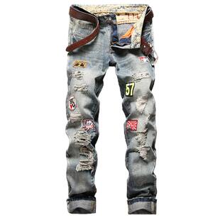 欧美男士直筒破洞补丁牛仔裤潮流青年修身乞丐裤男装徽章个性裤子