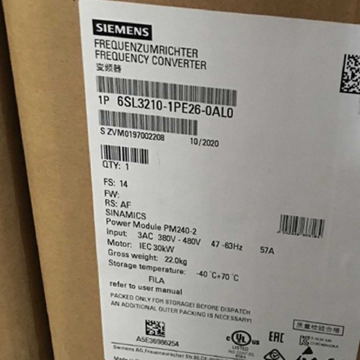 议价6SL3210-1PE26-0AL0西门子G120变频器 22kW PM240-2 380V功率