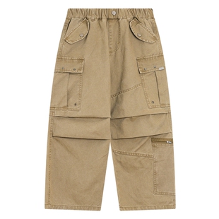 男童秋冬季卡其色加绒弯刀工装裤2025新款儿童中学生加厚直筒裤子