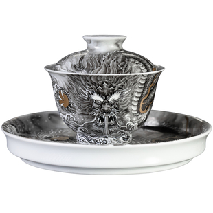 圣山景德镇高端粉彩手绘墨龙茶具盖碗中式陶瓷泡茶盖碗茶具茶杯