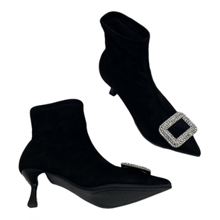新款名媛风法式方扣水钻尖头高跟短靴女细跟瘦瘦靴气质袜子靴女