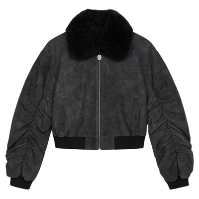 ASH女装秋冬款GRUNGE 100%牛皮革羊毛领夹克外套