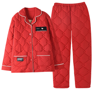 里外纯棉夹棉袄情侣睡衣秋冬加厚夹棉服开衫男女红色本命年家居服