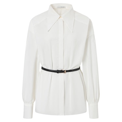 CNLEEWEI26早春新款可拆撞色细皮带别致尖领泡泡袖衬衫