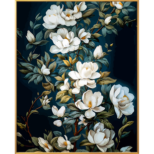 深色玉兰花画画diy数字油画填充填色手工手绘涂色治愈解闷油彩画