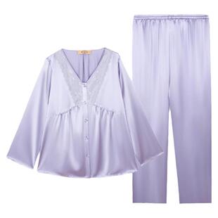 美标春夏秋季女士真丝长袖开衫睡衣桑蚕丝丝绸家居服两件套装