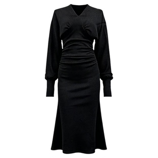 黑色打底鱼尾裙连衣裙女长款轻奢高级感冬装年会party小礼服裙子