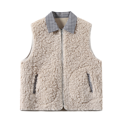 DDXZ夕子羊羔毛格子拼接拉链马甲