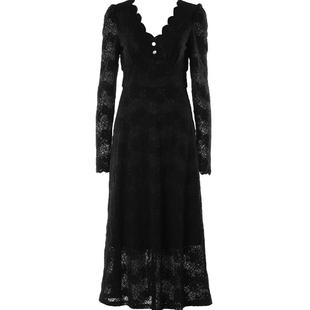 DPLAY春装连衣裙V领黑色蕾丝法式加绒内搭高级感公主裙女