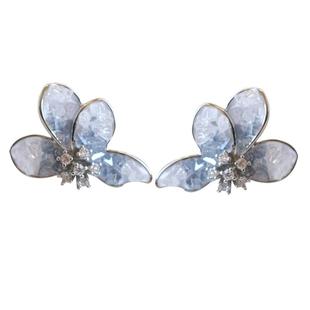 《冰裂之花》温柔渐变蓝色清冷仙气复古高级感水晶花朵耳钉耳夹女
