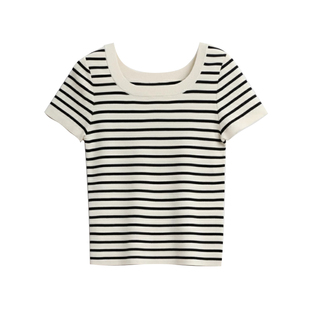 韩版撞色条纹针织短袖T恤女夏季新款大码胖mm宽松遮肉小衫U领上衣