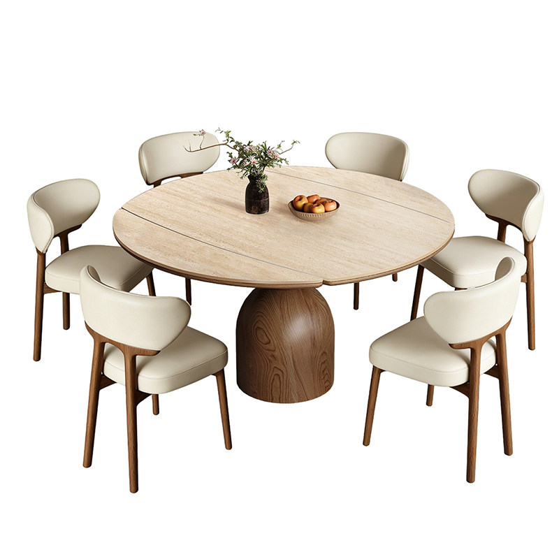 中古风洞石岩板实木伸缩餐桌