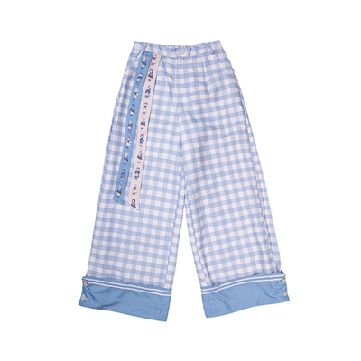 牛稠岛海军系带蓝白格子阔腿裤