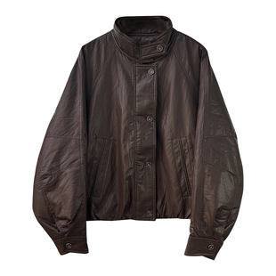 咖色立领PU皮衣外套女2025冬季新款保暖短款内胆90白鸭绒羽绒服