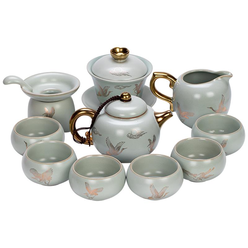 汝窑描金仙鹤功夫茶具中式国潮茶壶茶杯盖碗套装汝道高档汝瓷礼品