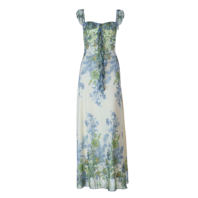 高级感莫奈绿花园吊带收腰连衣裙