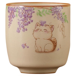 紫藤猫咪米黄汝窑主人杯单杯女生个人喝茶杯子开片可养陶瓷品茗杯