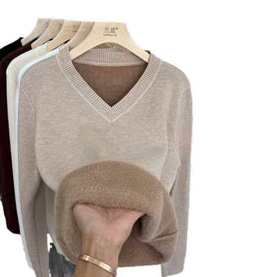歌倍尚水貂绒纯色v领内搭针织衫