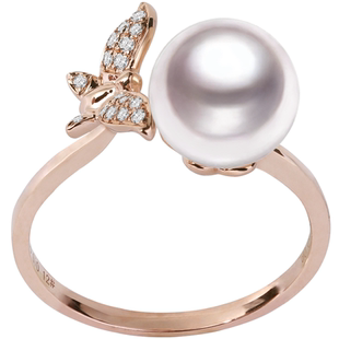 GiO珠宝 Akoya海水珍珠戒指女正圆无瑕强光18K彩金钻镶蝴蝶结钻戒