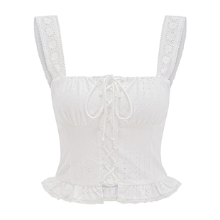 Go Girl Go自制欧美风镂空花纹绑带设计吊带背心女夏宽肩带短上衣