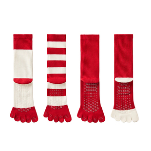 红色本命年瑜伽袜子防滑专业女普拉提专用五指运动健身分趾袜中筒