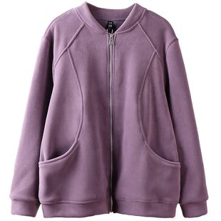 大码奥粒绒外套女胖mm秋冬加厚保暖小立领开衫双面加绒棒球服外套