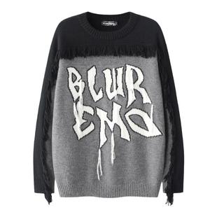 NOONOZ美式高街复古撞色拼接流苏毛衣男宽松嘻哈慵懒潮牌针织衫