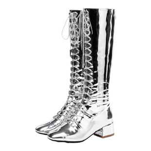 儿童平跟高筒靴金色银色亮漆皮女童马丁靴模特比赛舞台表演走秀鞋