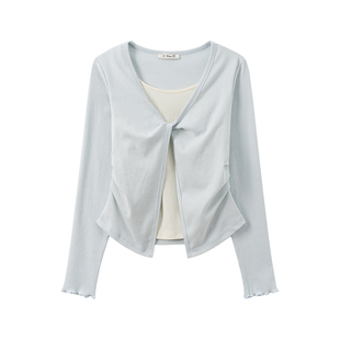 奶油的宇宙 设计感扭结撞色假两件内搭长袖T恤女早秋甜美收腰上衣