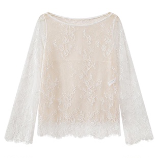 YINER LIFE「花间影」长袖衫镂空上衣打底女士一字领网纱蕾丝罩衫