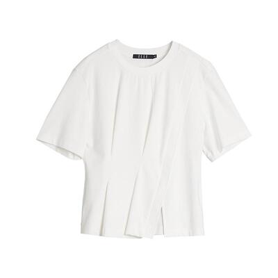 ELLE白色褶皱圆领开衩短袖T恤女2025夏季新款设计感内搭上衣