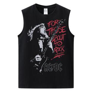AC/DC乐队复古人像印花美式街头休闲纯棉摇滚风坎肩背心无袖T恤黑