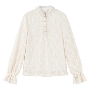 秋水伊人优雅浪漫风木耳边蕾丝衫2025年冬季新款时尚百搭立领上衣