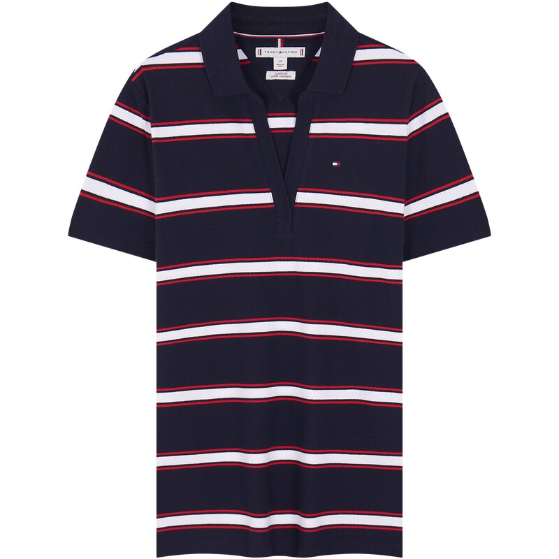 Tommy女装条纹V字领短袖POLO衫