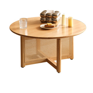 实木原木风藤编茶几中古圆形小户型家用沙发边几侘寂风客厅矮桌子