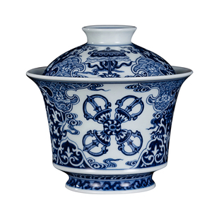 钟家窑陶瓷盖碗茶器 景德镇柴窑青花手绘蓝地金刚杵马蹄二才盖碗